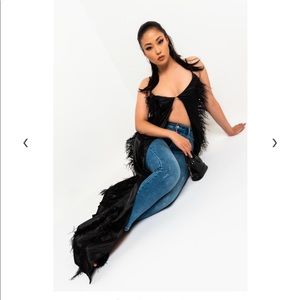 Black Fab Luxe Satin Ostrich Feather Open Front Duster Top